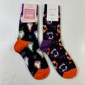 Womens Halloween Themed Socks 2 Pack Ghost Fang Patterns Black Orange Purple